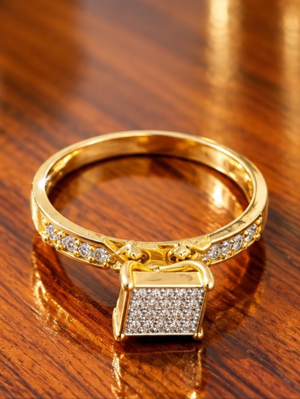 Gold Pavé Square Charm Ring - Women Jewelry